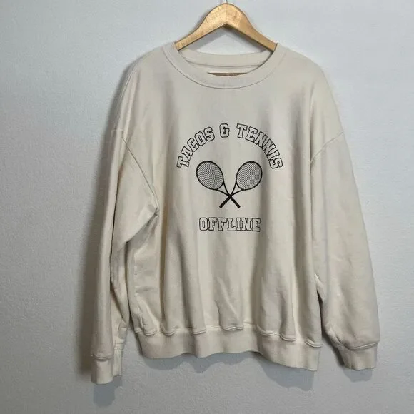 Aerie Offline Tacos & Tennis Throw-Back Fleece Crew Neck Sweatshirt Size Medium - Picture 6 of 10